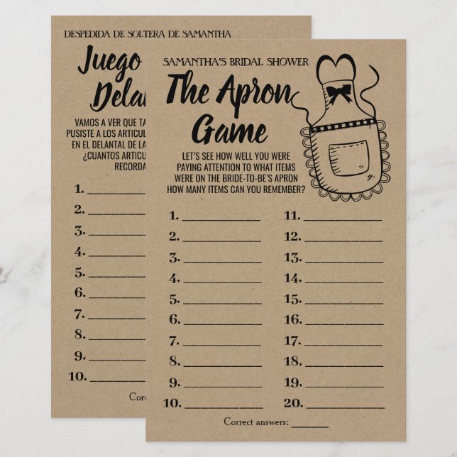 Het Schort vrijgezellenfeest engelse spaanse spel (Voorkant / Achterkant)