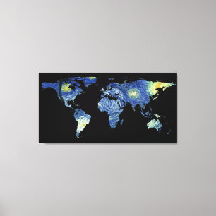 Het Silhouet van de wereldkaart - de Sterrennacht Canvas Afdruk