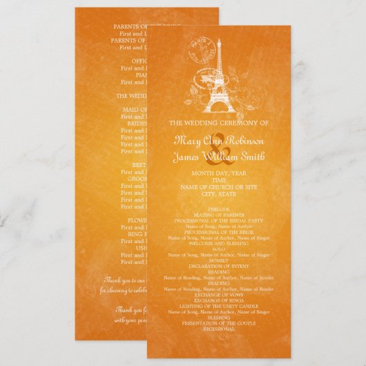 Het Sinaasappel van het huwelijk van Elegant Roman Programmakaart (Voorkant / Achterkant)