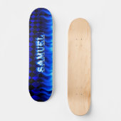 Het skateboard van Samuel blauw vuur en vlammenont (Voorkant)