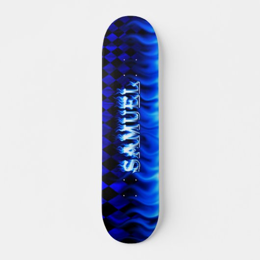 Het skateboard van Samuel blauw vuur en vlammenont (Voorkant)