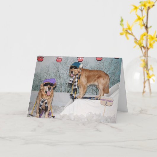 Het Ski?en van het golden retriever Verjaardag Kaart (Gele Bloem)