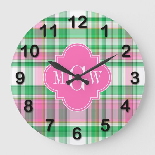 Het smaragdgroene Hete Roze Preppy Madras Monogram Grote Klok (Voorkant)