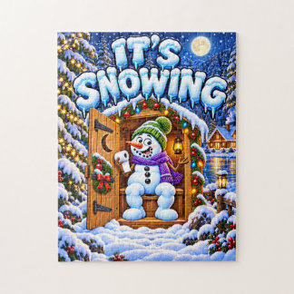 Het sneeuwt grappige sneeuwman Kerst buitenhuis Legpuzzel
