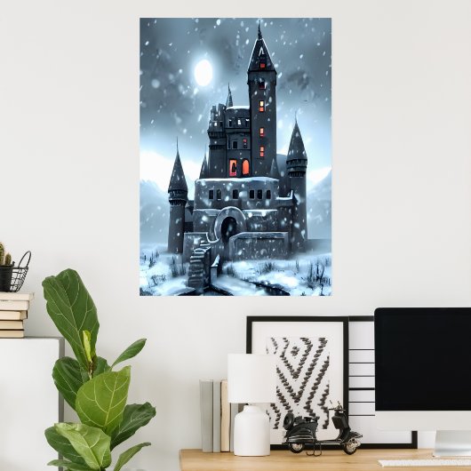 Het sneeuwt in het kasteel | AI Art Poster (Thuiskantoor)
