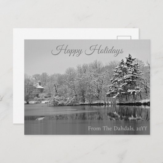 Het sneeuwt over het meer, gepersonaliseerde vakan briefkaart (Voorkant / Achterkant)