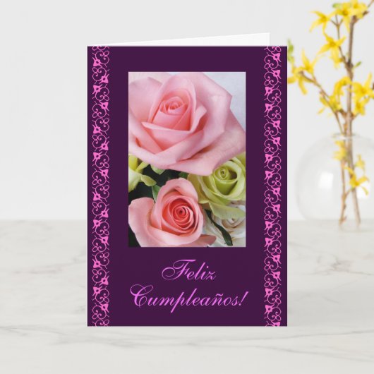 Het Spaans: De roze rozen van de verjaardag/rosas Kaart (Gele Bloem)
