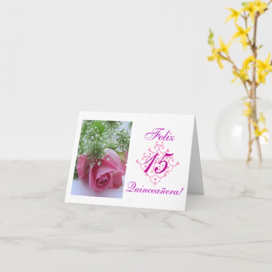 Het Spaans: Quinceañera- rosa Kaart (Gele Bloem)