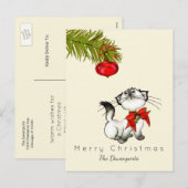 Het speelse Kat van Kerstmis met een Rode Boog Feestdagenkaart (Voorkant / Achterkant)