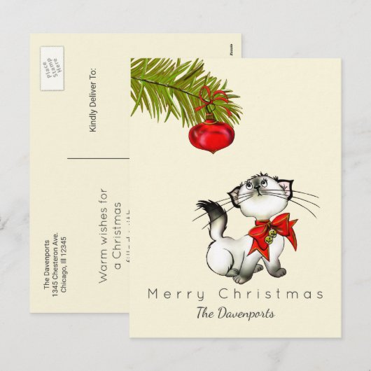 Het speelse Kat van Kerstmis met een Rode Boog Feestdagenkaart (Voorkant / Achterkant)