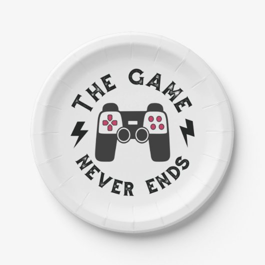 Het spel eindigt nooit papieren bordje (Voorkant)