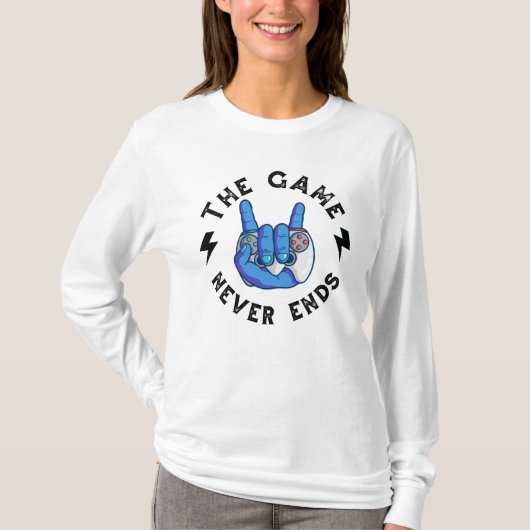 Het spel eindigt nooit t-shirt (Voorkant)