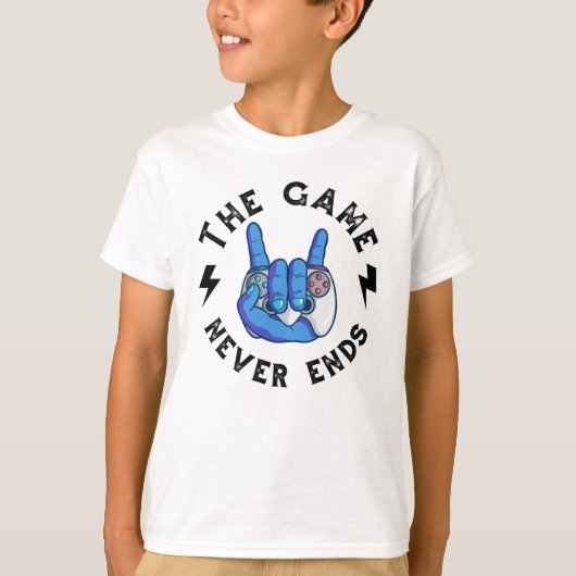 Het spel eindigt nooit t-shirt (Voorkant)