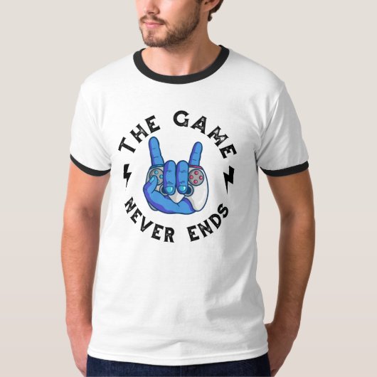 Het spel eindigt nooit t-shirt (Voorkant)