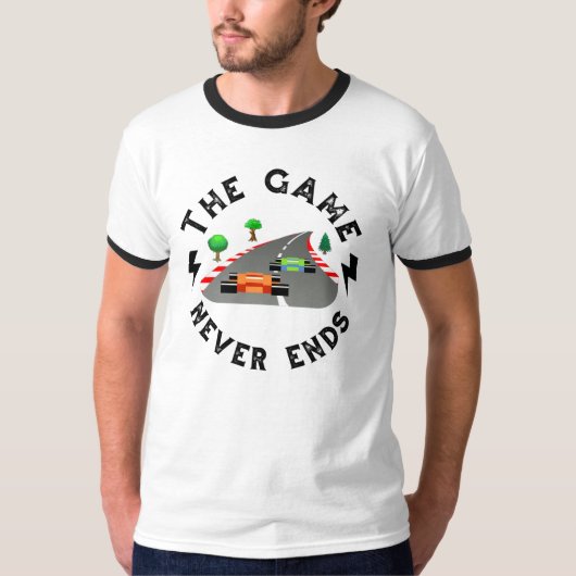Het spel eindigt nooit t-shirt (Voorkant)