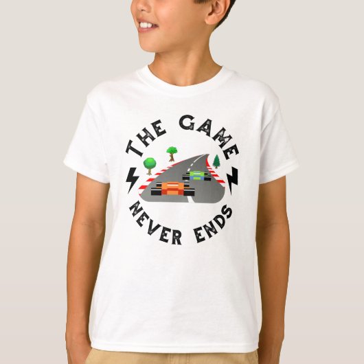 Het spel eindigt nooit t-shirt (Voorkant)