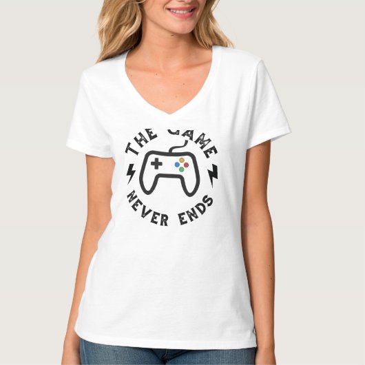 Het spel eindigt nooit t-shirt (Voorkant)