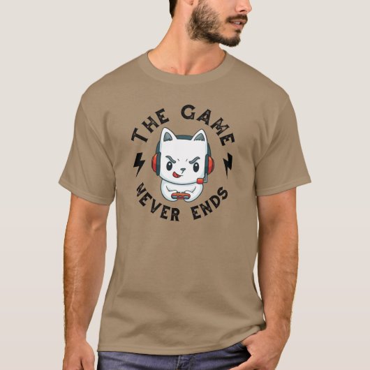 Het spel eindigt nooit t-shirt (Voorkant)