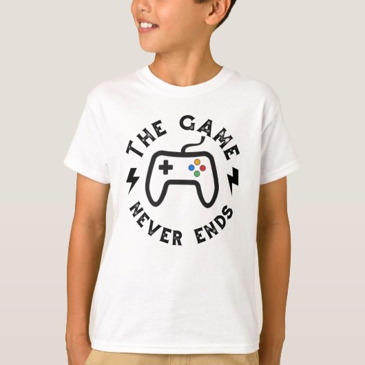 Het spel eindigt nooit t-shirt (Voorkant)
