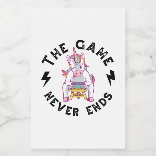 Het spel eindigt nooit voedselcontainer etiket (Enkel label)