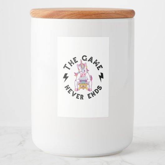 Het spel eindigt nooit voedselcontainer etiket (Voorkant)