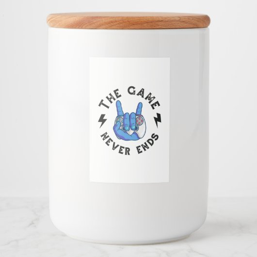 Het spel eindigt nooit voedselcontainer etiket (Voorkant)