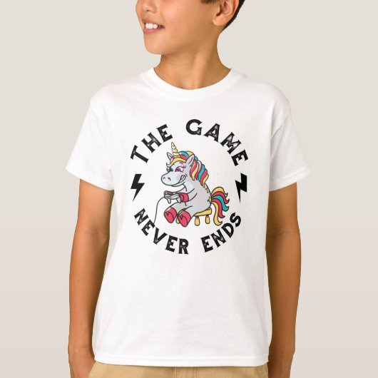 Het spel eindigt nooit voor Unicorns T-shirt (Voorkant)