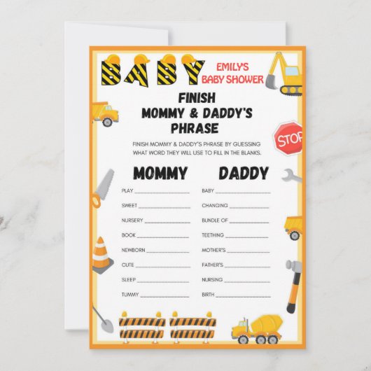 Het spel van het Baby shower van de bouw - editabl Kaart (Voorkant)