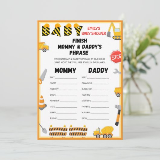 Het spel van het Baby shower van de bouw - editabl Kaart (Staand voorkant)