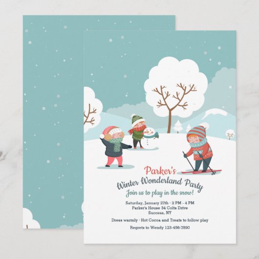 Het spelen in de sneeuwdaguitnodiging kaart (Voorkant / Achterkant)