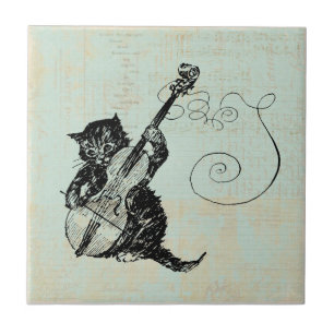 Het spelen van Violin Blauwgroen Music Cat Illustr Tegeltje