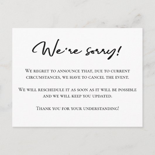 Het spijt ons dat de zwarte witte annulering is aa briefkaart (Voorkant)