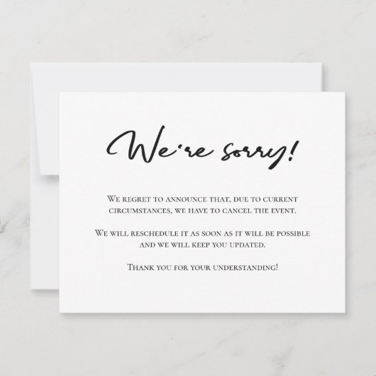 Het spijt ons dat de zwarte witte annulering is aa notitiekaartje (Voorkant)
