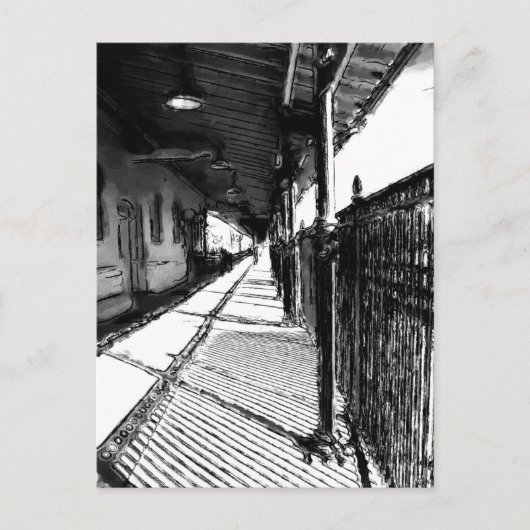 Het spoorwegstation zwart-wit schetsen briefkaart (Voorkant)