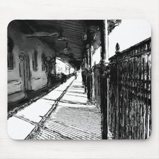 Het spoorwegstation zwart-wit schetsen muismat (Voorkant)