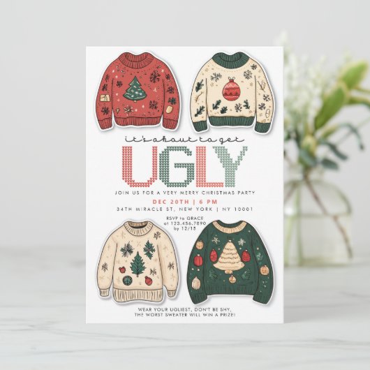 Het staat op het punt om een lelijk trui kerstfees kaart (Staand voorkant)