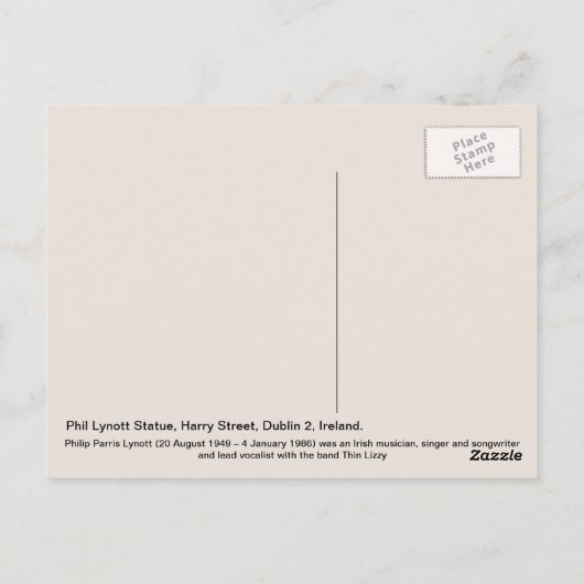 Het Standbeeld van Lynott van Phil, Dublin, Briefkaart (Achterkant)