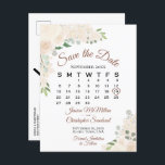 Het stompzinnige Perzische Berichten sparen de Kal Aankondigingskaart<br><div class="desc">Deze trouwe bruiloft Save the Date briefkaart heeft een elegant bloemontwerp voor waterverven met prachtige handbeschilderde rozen en bloesems in tinten van champagne blush of zeer bleke perziken. Er is een aanpasbare kalender waarop je de maand van je bruiloft kunt zien met een hart rond je speciale dag. Fashionable, bohemisch...</div>