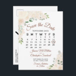 Het stompzinnige Perzische Berichten sparen de Kal Aankondigingskaart<br><div class="desc">Deze trouwe bruiloft Save the Date briefkaart heeft een elegant bloemontwerp voor waterverven met prachtige handbeschilderde rozen en bloesems in tinten van champagne blush of zeer bleke perziken. Er is een aanpasbare kalender waarop je de maand van je bruiloft kunt zien met een hart rond je speciale dag. Fashionable, bohemisch...</div>