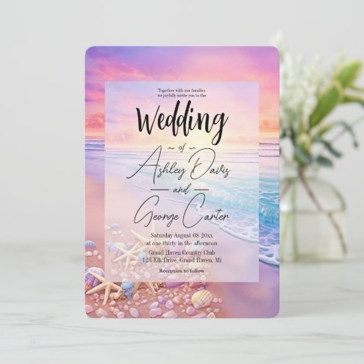 Het strand bij Sunset Wedding Kaart (Staand voorkant)