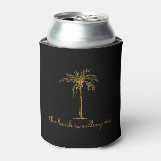 Het strand roept me Gouden Kokospalmboom Blikjeskoeler (Blikje Voorkant)