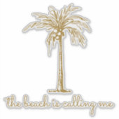 Het strand roept me Gouden Kokospalmboom Sticker (Voorkant)