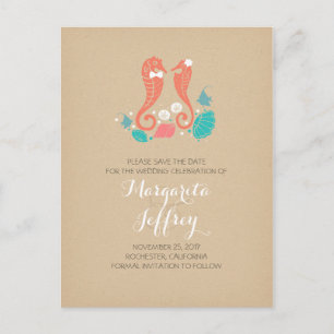 Het strand van het zeepaardkoppel van Cute bewaar  Aankondigingskaart