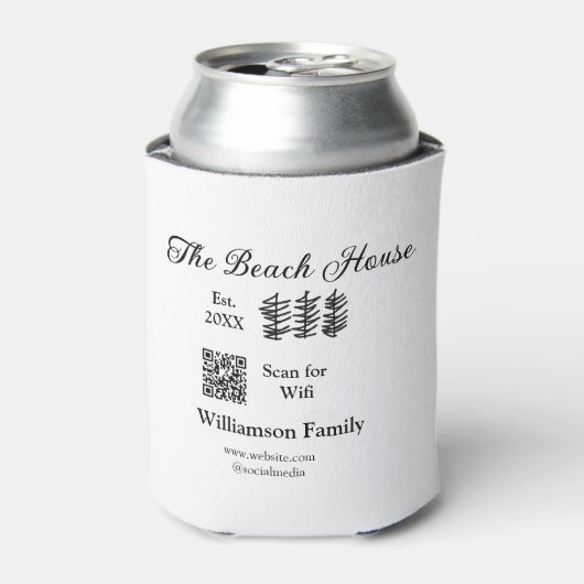 Het strandhuis voegt familienaam Q R scan wifi web Blikjeskoeler (Blikje Voorkant)