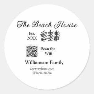 Het strandhuis voegt familienaam Q R scan wifi web Ronde Sticker