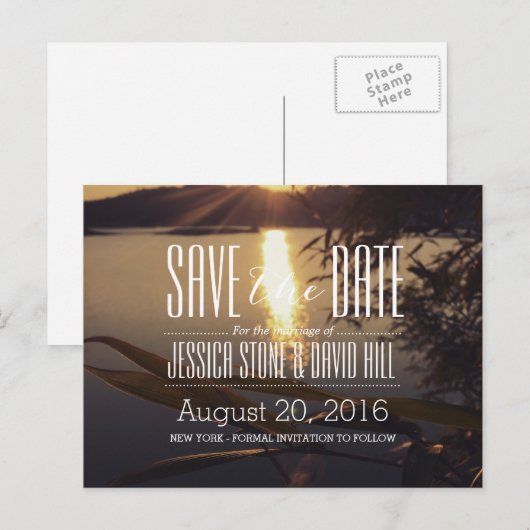 Het Sunset Wedding Lake bewaart de datum Aankondigingskaart (Voorkant / Achterkant)