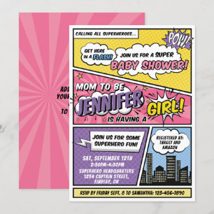 Het superheld-Baby shower van een meisjesstripboek Kaart
