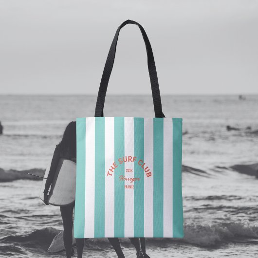 Het Surf Club Crest Turquoise Cabana Stripe Tote Bag