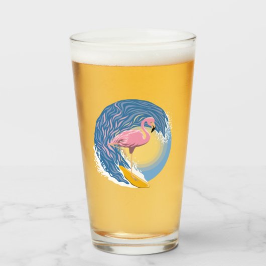 Het surfen Flamingo Grafische Illustratie Glas (Voorkant gevuld)