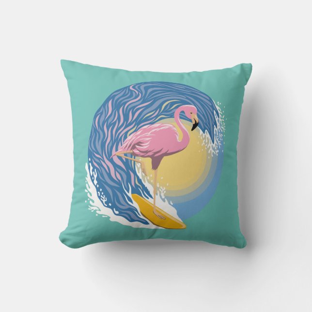 Het surfen Flamingo Grafische Illustratie Kussen (Voorkant)